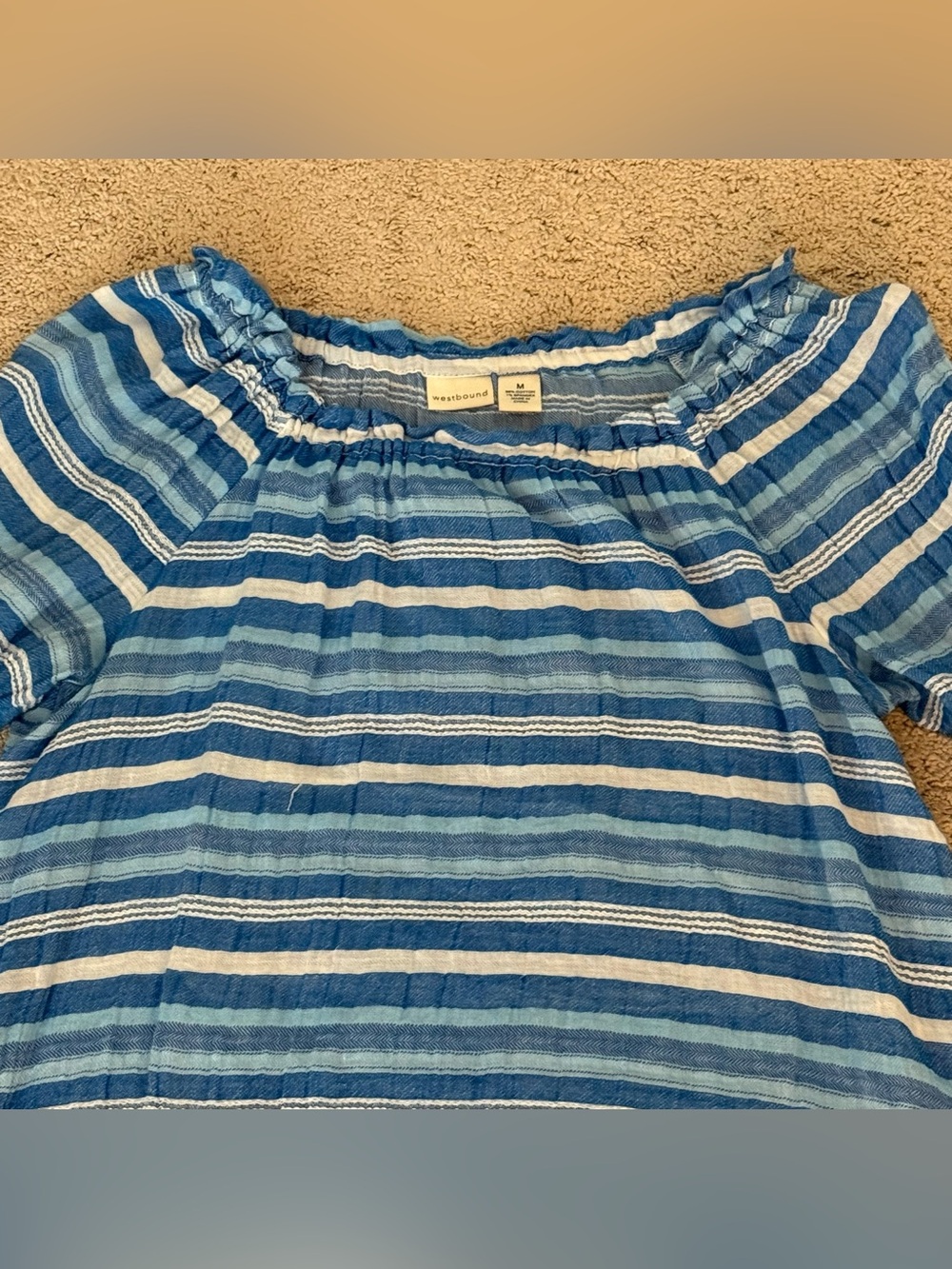 Westbound Women Blue White Striped Boho Peasant Blouse Shirt Top Smocked Ruffle - Picture 5 of 8